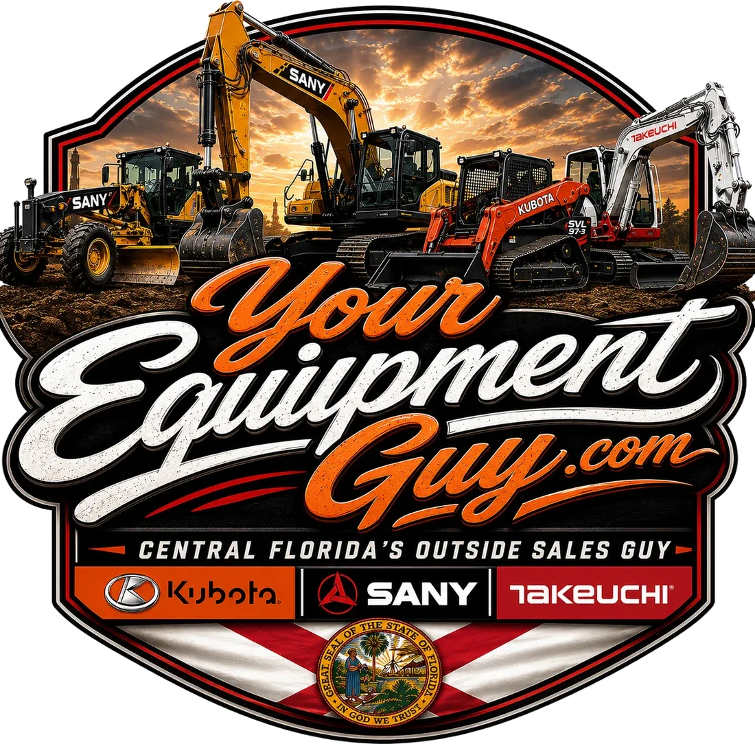 YourEquipmentGuy.com badge — Kubota, Sany, and Takeuchi equipment lineup for Central Florida, backed by Crystal Tractor & Equipment